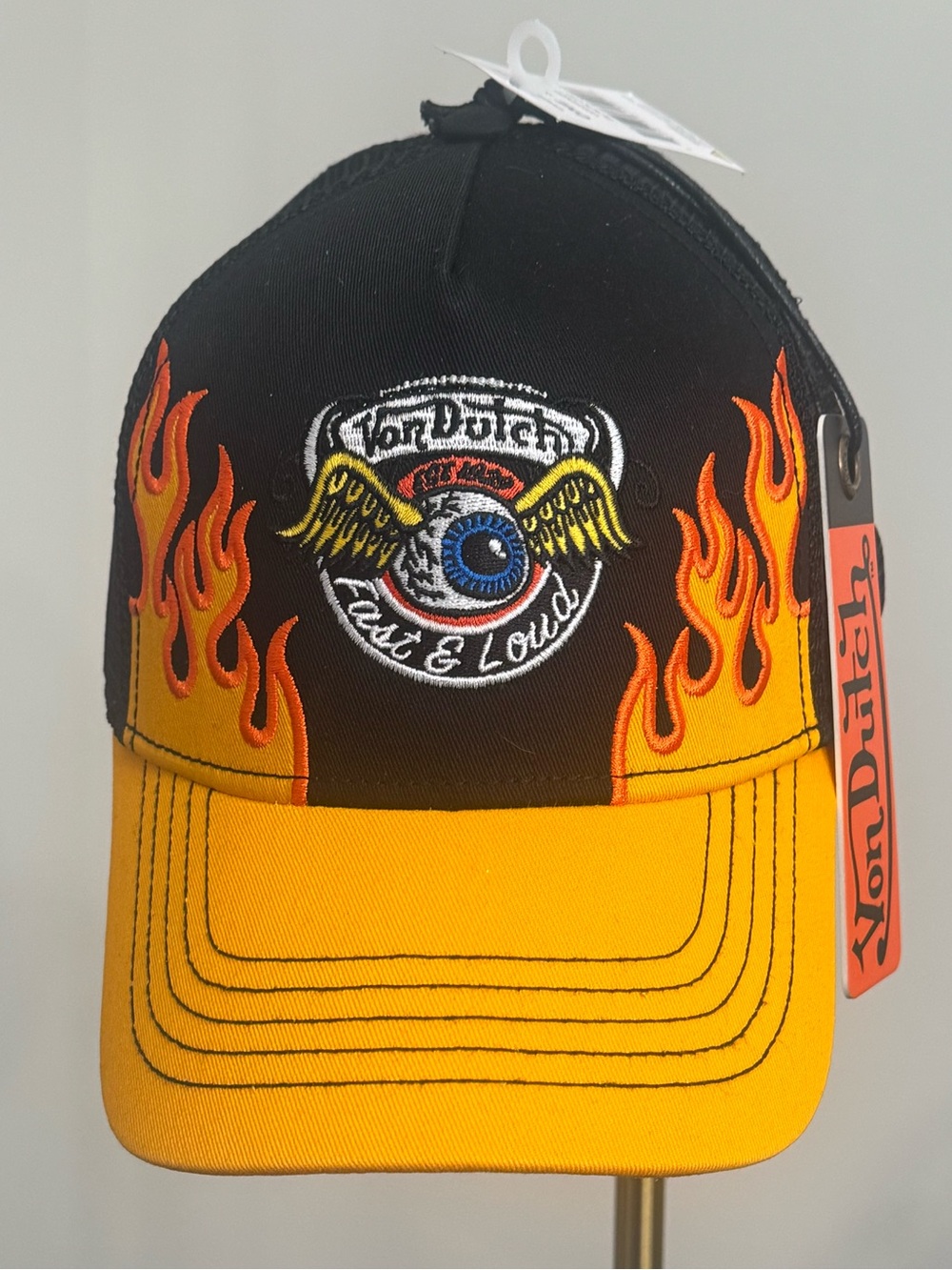 NWT Von Dutch Fast & Loud Flame Embroidered Trucker Hat- Black Orange - Limited - Picture 2 of 9